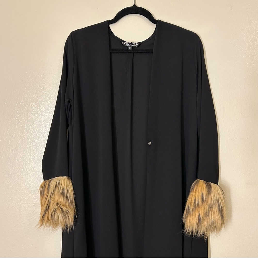 Jennafer Grace black duster with faux fur leopard cuffs
